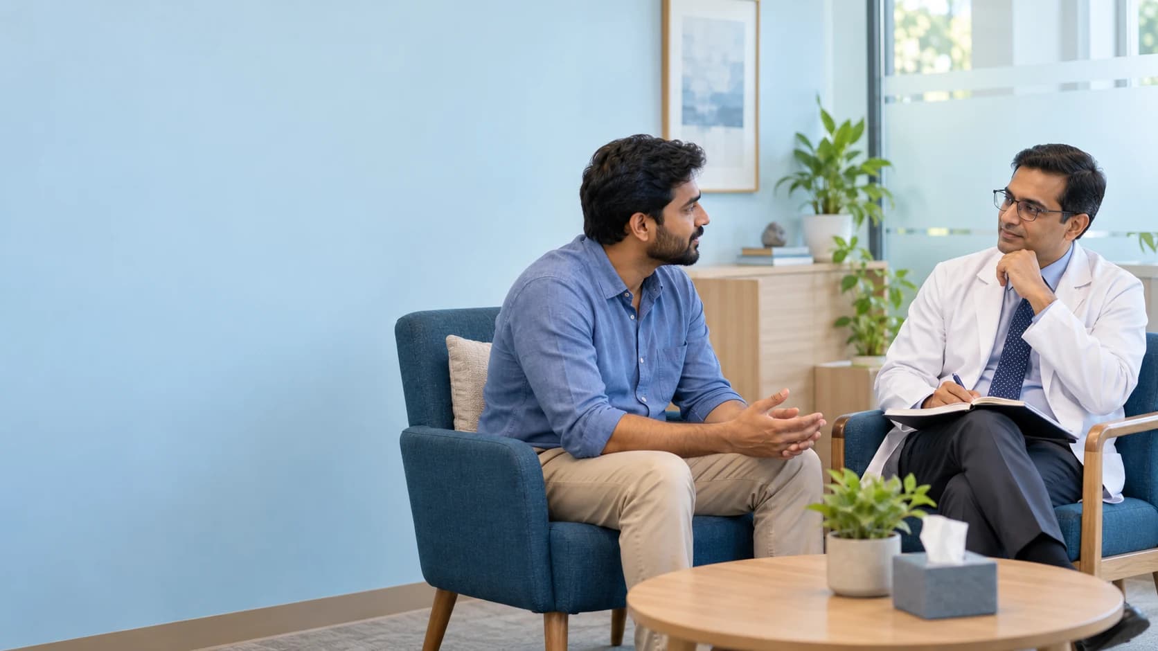 Psychiatrist listening to a patient in a private consultation